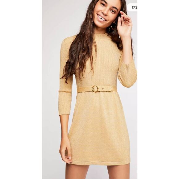 Free People French Girl Gold Metallic Mini Sweater Dress - L - Picture 1 of 7